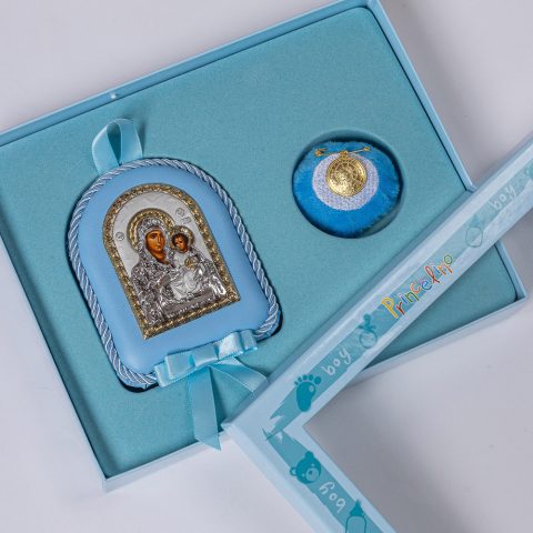 Ασημένιο σετ: Εικόνα της Παναγίας με τον Χριστό και φυλαχτό, γαλάζιο