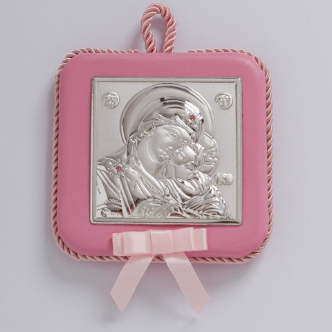 Ασημένια εικόνα της Παναγίας με τον Χριστό ροζ, με μουσική