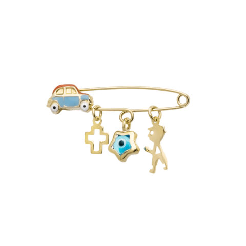 Φυλαχτό με παραμάνα σε χρυσό 9 καρατίων με τρία στοιχεία, γαλάζιο