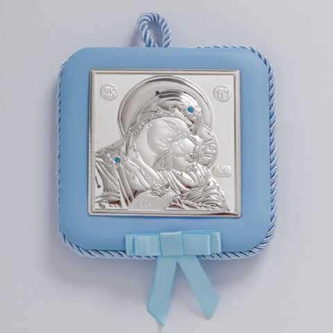 Ασημένια εικόνα της Παναγίας με τον Χριστό γαλάζια, με μουσική