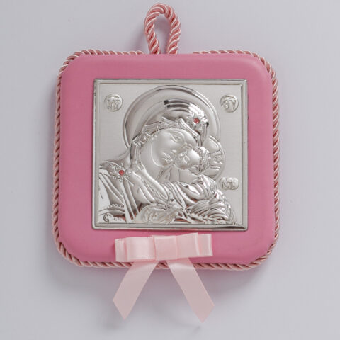 Ασημένια εικόνα της Παναγίας με τον Χριστό ροζ, με μουσική