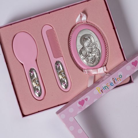 Ασημένιο σετ: Βούρτσα, χτένα και εικόνα της Παναγίας με τον Χριστό σε ροζ χρώμα