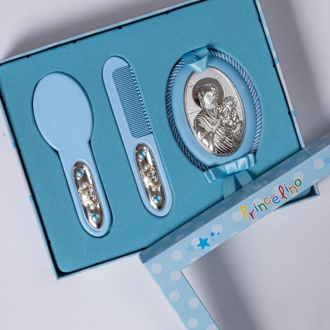 Ασημένιο σετ: Βούρτσα, χτένα και εικόνα της Παναγίας με τον Χριστό, σε γαλάζιο χρώμα