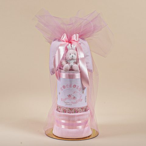 Δωροσύνθεση 90 (Diaper Cake), σε ροζ χρώμα