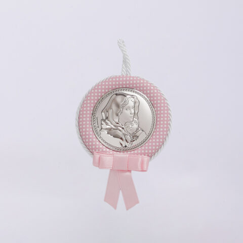 Ασημένια εικόνα της Παναγίας με τον Χριστό, ροζ, σε μικρό μέγεθος