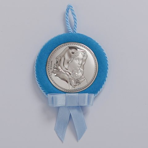 Ασημένια εικόνα της Παναγίας με τον Χριστό, γαλάζια, σε μικρό μέγεθος