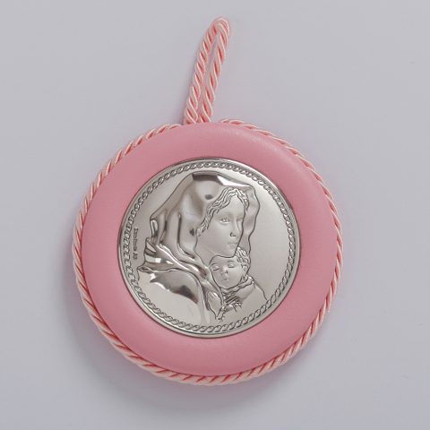 Ασημένια εικόνα της Παναγίας με τον Χριστό, ροζ, σε μικρό μέγεθος