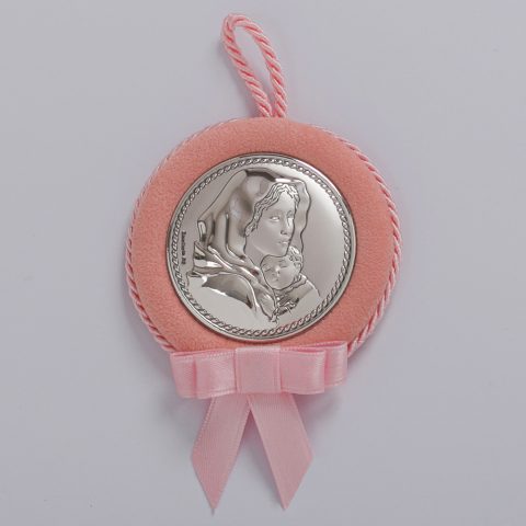 Ασημένια εικόνα της Παναγίας με τον Χριστό, ροζ, σε μικρό μέγεθος