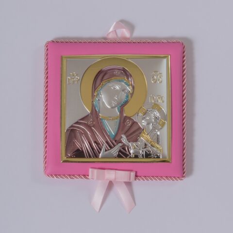 Ασημένια εικόνα της Παναγίας με τον Χριστό, σε ροζ χρώμα