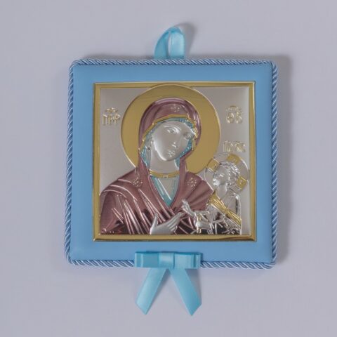 Ασημένια εικόνα της Παναγίας με τον Χριστό, σε γαλάζιο χρώμα