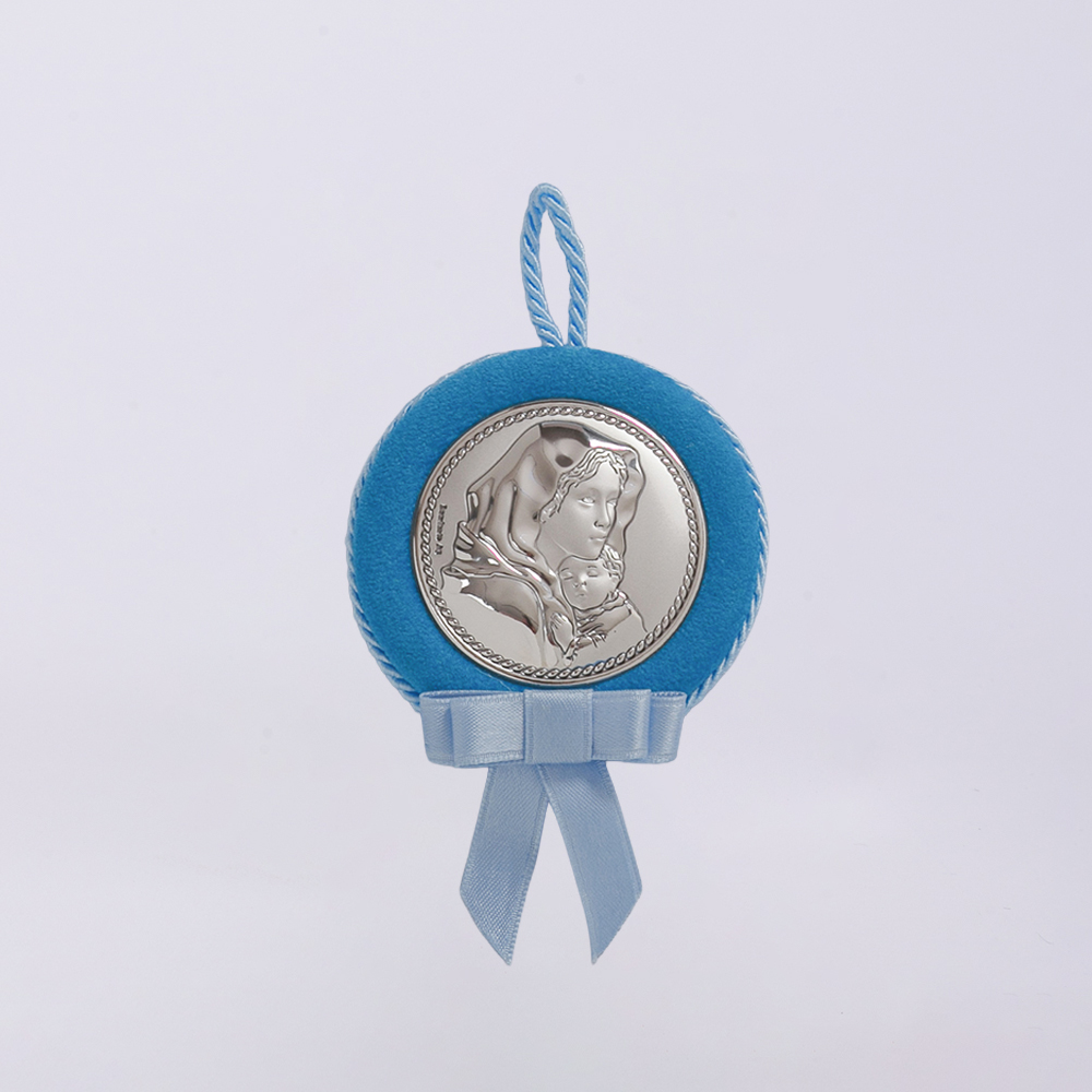 Ασημένια εικόνα της Παναγίας με τον Χριστό, γαλάζια, σε μικρό μέγεθος