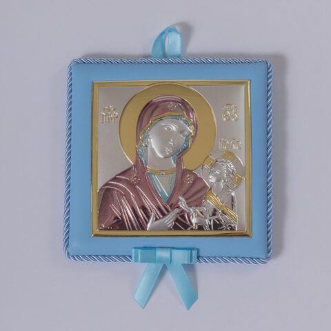 Ασημένια εικόνα με νανούρισμα, η Παναγία με τον Χριστό, γαλάζια