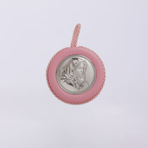 Ασημένια εικόνα της Παναγίας με τον Χριστό, ροζ, σε μικρό μέγεθος