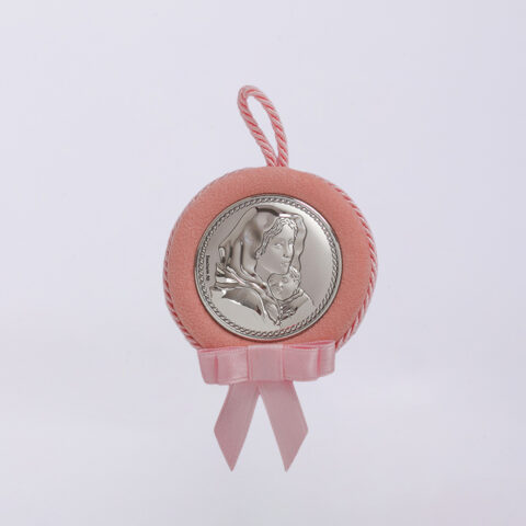 Ασημένια εικόνα της Παναγίας με τον Χριστό, ροζ, σε μικρό μέγεθος