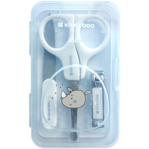 Γαλάζιο βρεφικό σετ νυχιών Kikka Boo με ψαλιδάκι, νυχοκόπτη και λίμα μέσα σε θήκη αποθήκευσης.