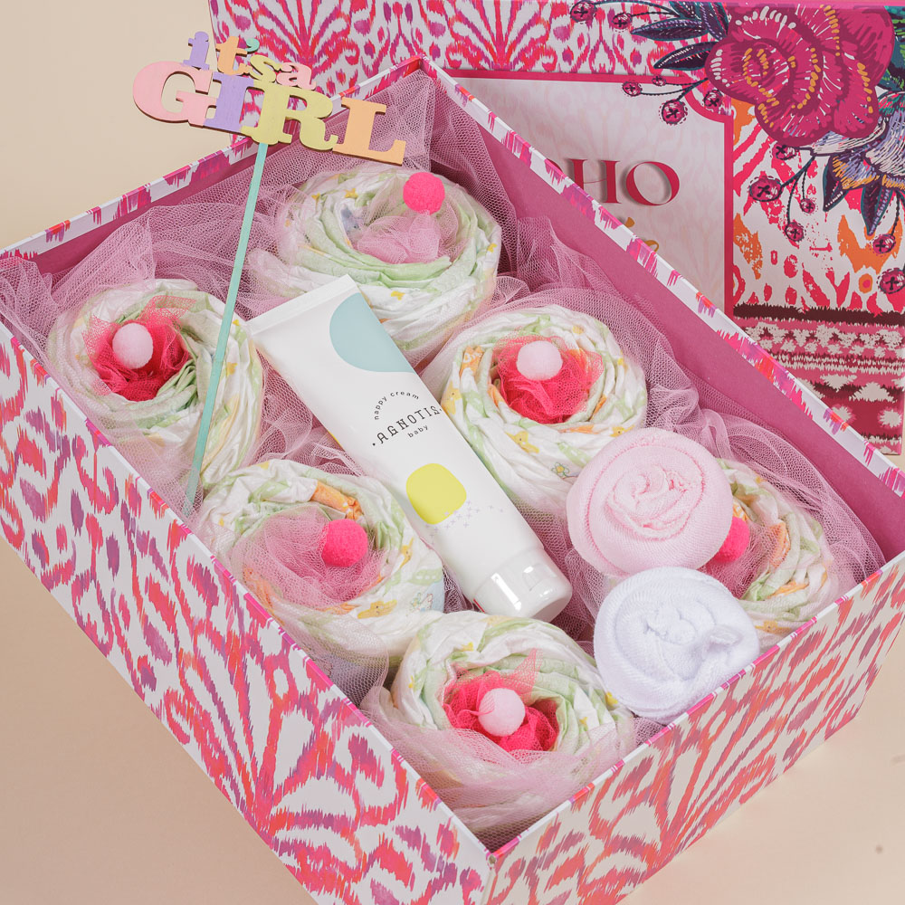 Δωροσύνθεση 55 (Diaper Cupcakes), σε ροζ χρώμα