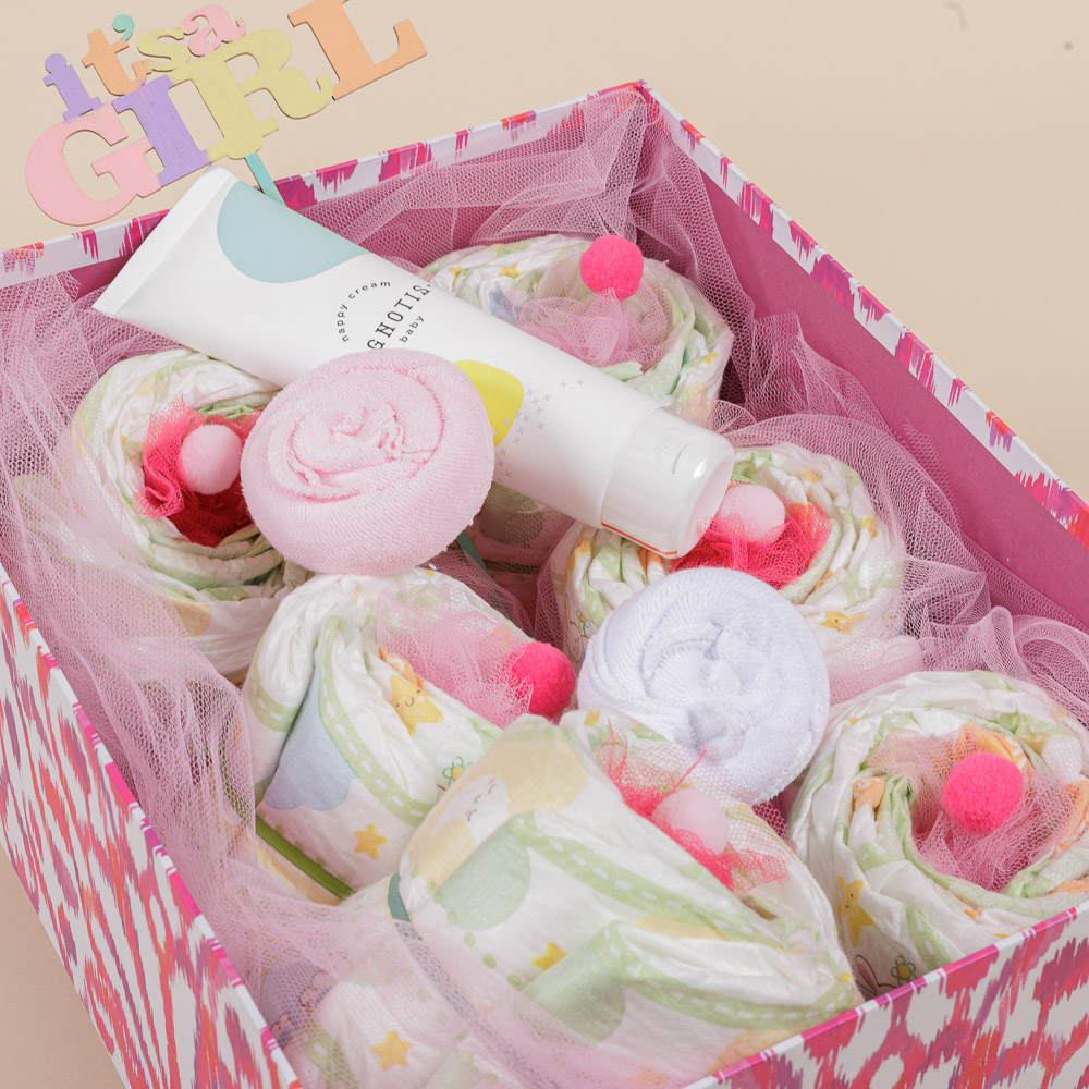 Δωροσύνθεση 55 (Diaper Cupcakes), σε ροζ χρώμα - Image 3