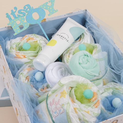 Δωροσύνθεση 55 (Diaper Cupcakes), σε γαλάζιο χρώμα