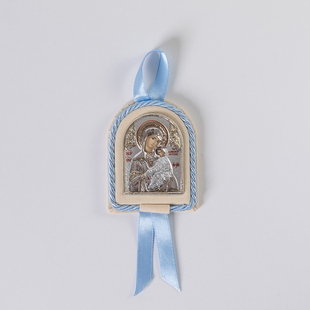 Ασημένια εικόνα, Παναγία η Αμόλυντος, σε μικρό μέγεθος, γαλάζιo
