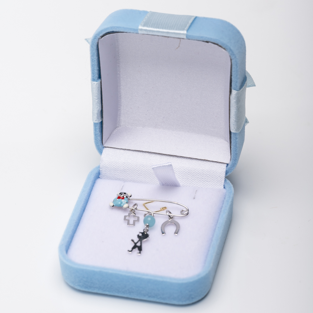 Φυλαχτό με παραμάνα σε λευκόχρυσο 9Κ με τρία στοιχεία, γαλάζιο - Image 2