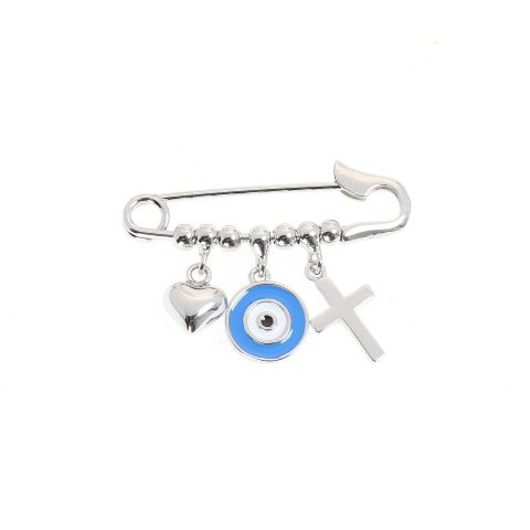 Ασημένιο φυλαχτό παραμάνα 925 με σταυρό, καρδούλα και γαλάζιο ματάκι για νεογέννητο αγόρι