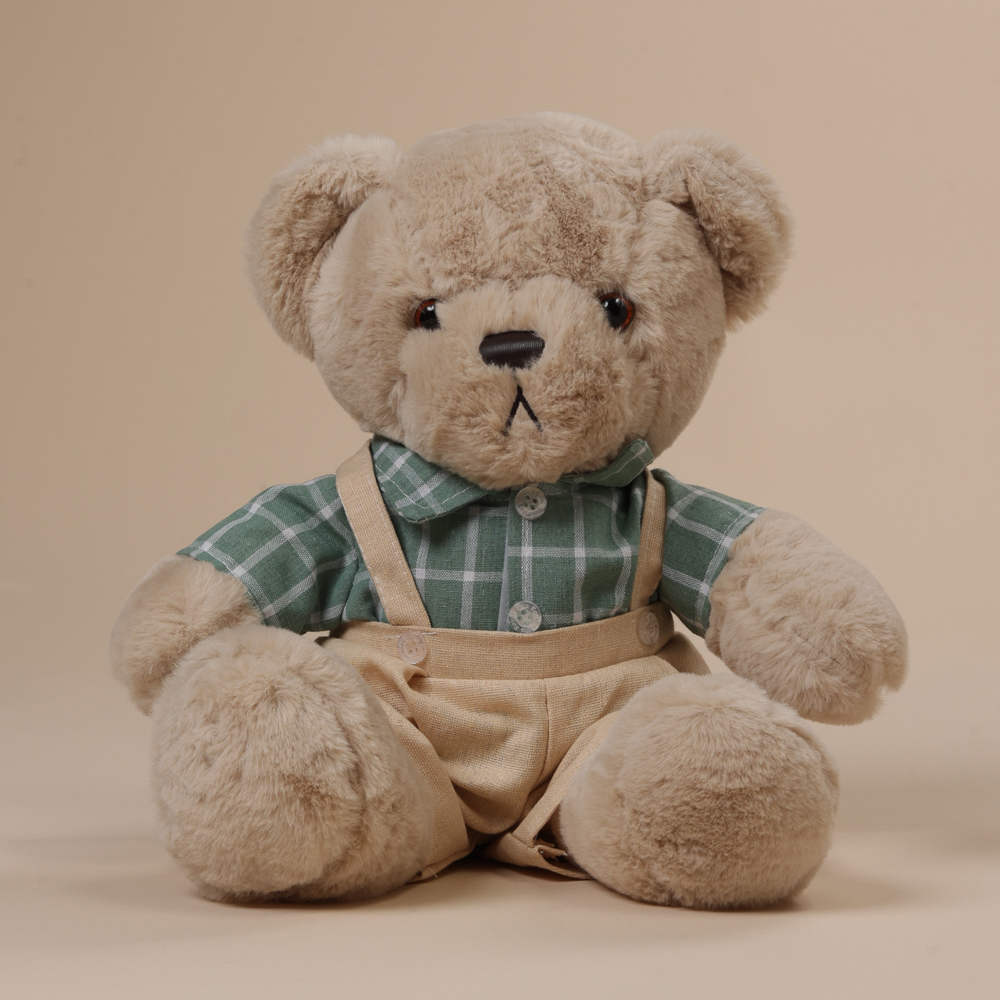 Λούτρινο αρκουδάκι με πουκάμισο και σαλοπέτα, απαλό παιχνίδι για νεογέννητα και παιδιά