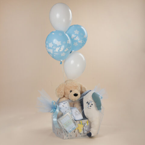 Δώρο γέννησης για αγόρι με λούτρινο σκυλάκι, κορνίζα 925 It’s a Boy, βρεφικά ρούχα και γαλάζια μπαλόνια σε κουτί Babyline