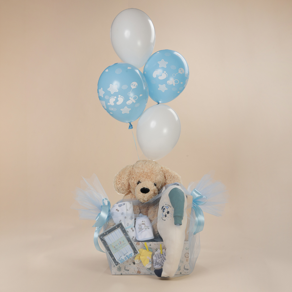 Μπροστινή λήψη δώρου γέννησης για αγόρι με λούτρινο σκυλάκι, βρεφικά είδη, ασημένια κορνίζα It'a a boy και μπαλόνια σε κουτί Babyline