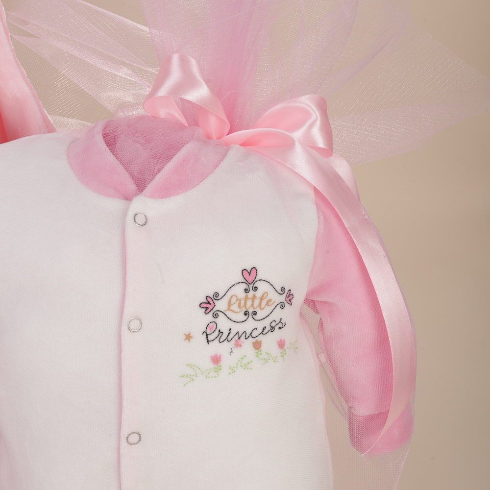 Λεπτομέρεια στο βελούδινο φορμάκι του δώρου γέννησης για κορίτσι με λούτρινο σκυλάκι Πόλντο