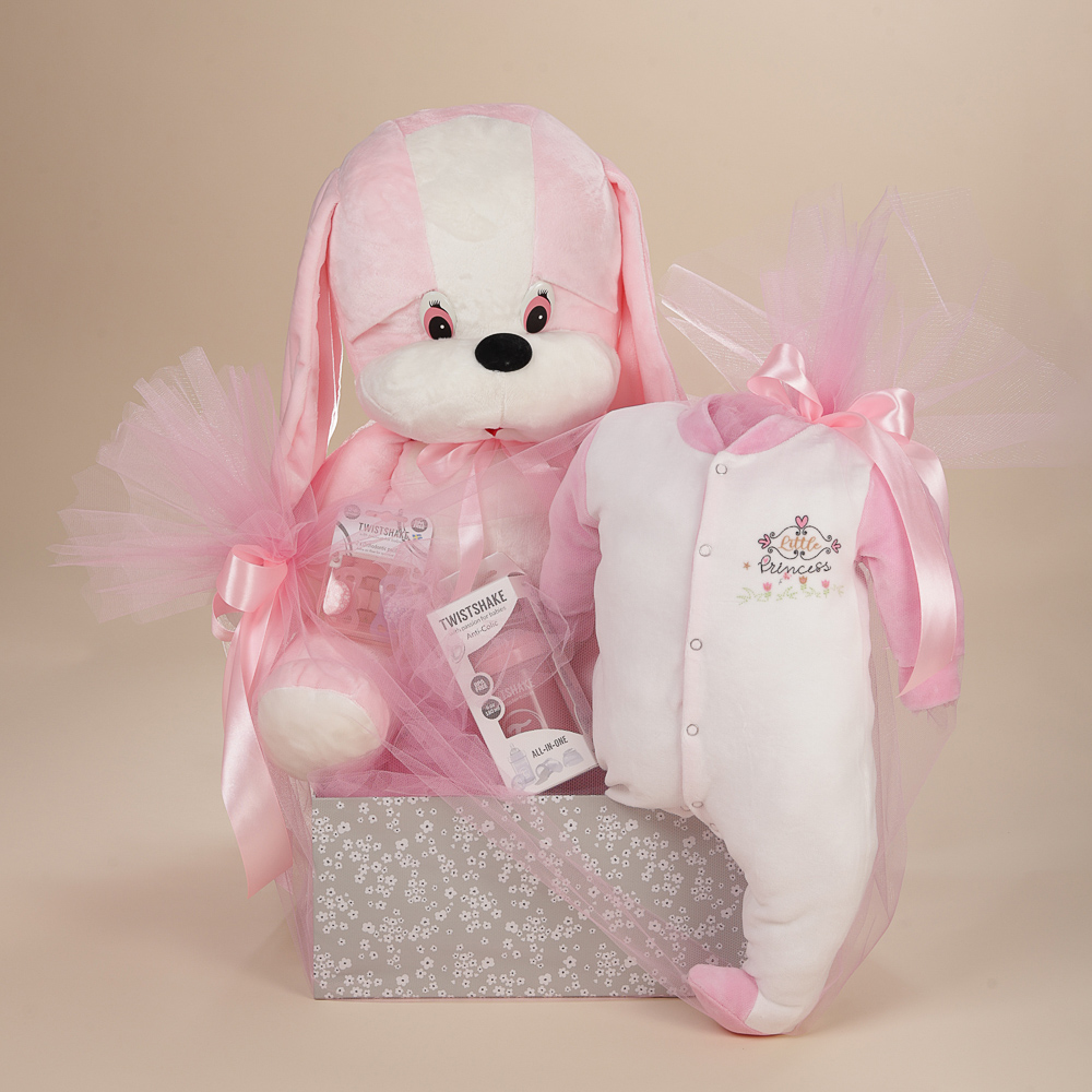 Μπροστινή λήψη δώρου γέννησης για κορίτσι με λούτρινο σκυλάκι Πόλντο, φορμάκι και προϊόντα Twistshake