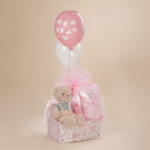 Δώρο γέννησης για κορίτσι με λούτρινο αρκουδάκι, κορμάκι Babyline, μπιμπερό Twistshake, πάνα αγκαλιάς και μπαλόνια σε κουτί Babyline