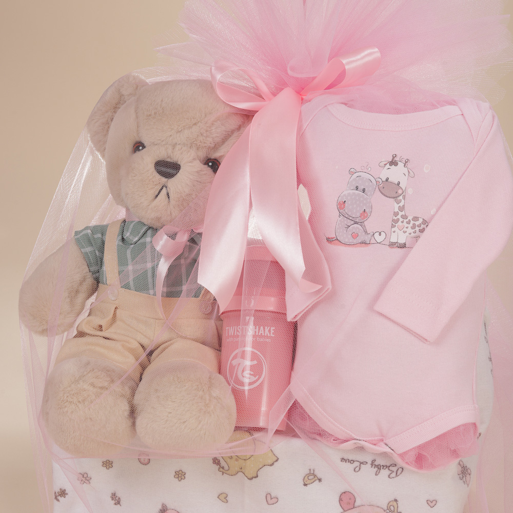 Λεπτομέρεια των ειδών του δώρου γέννησης για κορίτσι με λούτρινο αρκουδάκι, κορμάκι Babyline, μπιμπερό Twistshake, πάνα αγκαλιάς και μπαλόνια σε κουτί Babyline