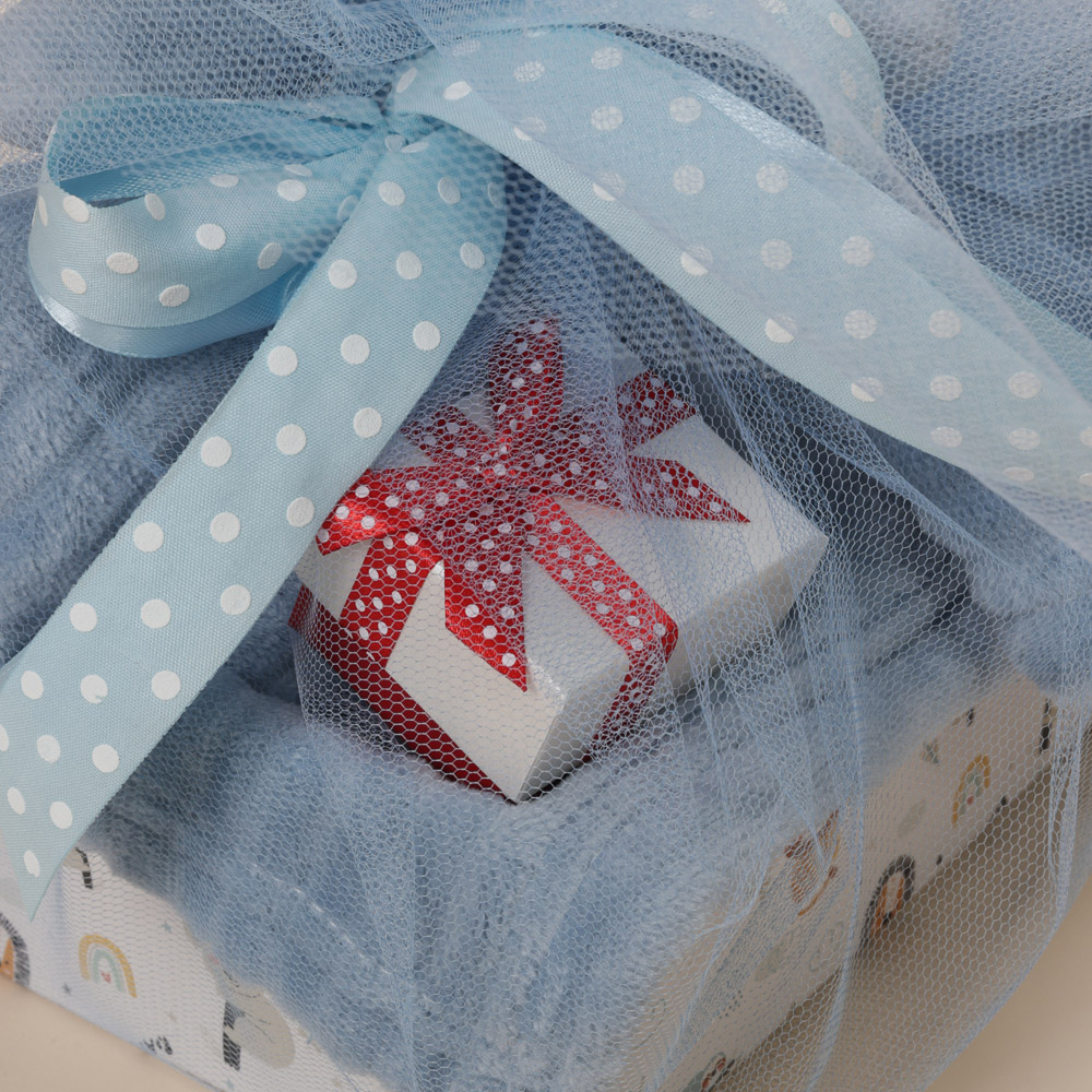 Λεπτομέρεια σετ δώρου για νεογέννητο αγόρι με πανάκι παρηγοριάς δεινόσαυρο και φυλαχτό Babyline