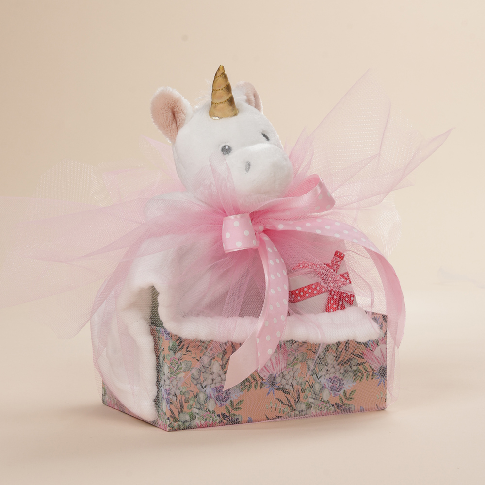 Λούτρινο πανάκι παρηγοριάς μονόκερο με φυλαχτό καρδούλα σε οικολογικό κουτί δώρου Babyline για νεογέννητο κοριτσάκι