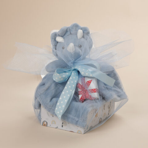 Λούτρινο πανάκι παρηγοριάς δεινόσαυρος σε γαλάζιο χρώμα με φυλαχτό καρδούλα και οικολογικό κουτί δώρου Babyline