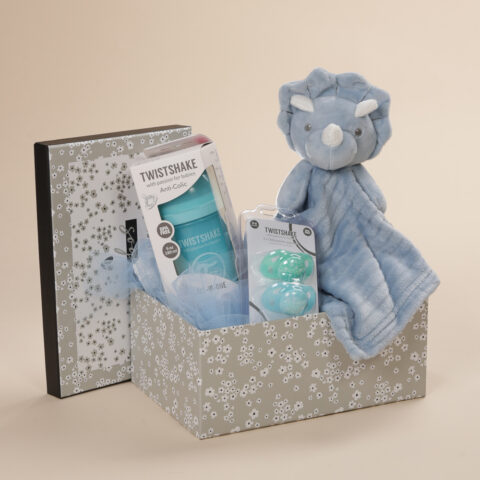 Σετ δώρου γέννησης αγόρι με μπιμπερό κατά των κολικών και πιπίλες Twistshake 0-6 μηνών, πανάκι παρηγοριάς δεινόσαυρος σε γαλάζιο χρώμα και οικολογικό κουτί Babyline.
