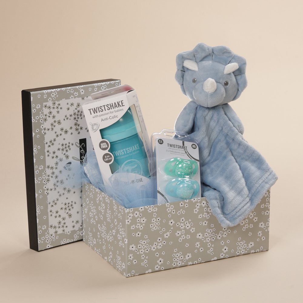 Σετ δώρου γέννησης αγόρι με μπιμπερό κατά των κολικών και πιπίλες Twistshake 0-6 μηνών, πανάκι παρηγοριάς δεινόσαυρος σε γαλάζιο χρώμα και οικολογικό κουτί Babyline.