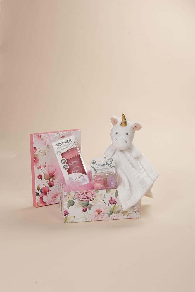 Σετ δώρου γέννησης κορίτσι με μπιμπερό και πιπίλες Twistshake 0-6 μηνών, πανάκι παρηγοριάς μονόκερος και οικολογικό κουτί Babyline.
