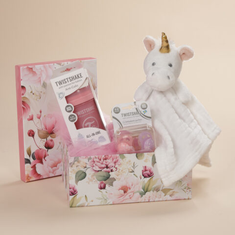 Ροζ σετ δώρου γέννησης κορίτσι με μπιμπερό anti-colic και πιπίλες Twistshake 0-6 μηνών, πανάκι παρηγοριάς και οικολογικό κουτί Babyline.