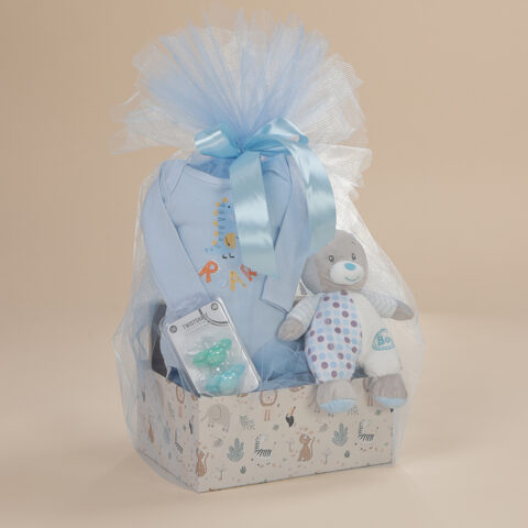 Σετ δώρου για νεογέννητο αγοράκι με βαμβακερό κορμάκι μακρύ μανίκι, πιπίλες Twistshake 0-6 μηνών και κουδουνίστρα αρκουδάκι σε κουτί Babyline