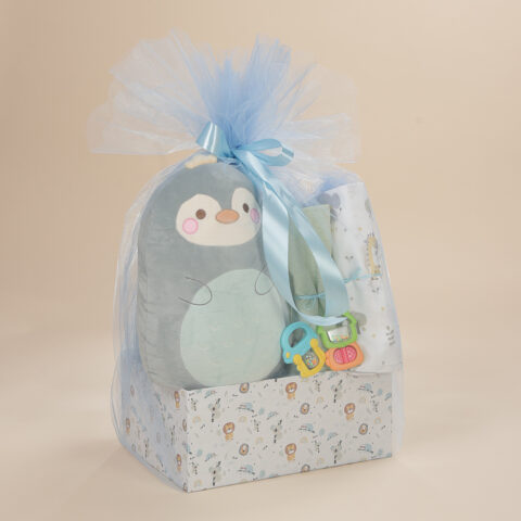 Σετ δώρου νεογέννητου για αγόρι με λούτρινο ζωάκι αγκαλιάς, βαμβακερά σεντόνια λίκνου, κουδουνίστρες και οικολογικό κουτί Babyline.
