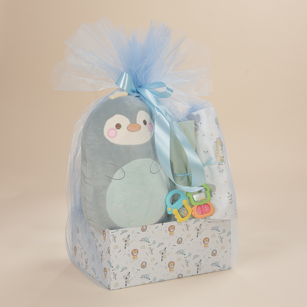 Σετ δώρου νεογέννητου για αγόρι με λούτρινο ζωάκι αγκαλιάς, βαμβακερά σεντόνια λίκνου, κουδουνίστρες και οικολογικό κουτί Babyline.