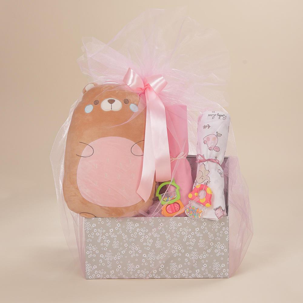 Μπροστινή λήψη από βρεφικό σετ δώρου για κορίτσι με λούτρινο ζωάκι αγκαλιάς, σεντόνια λίκνου και κουδουνίστρες.