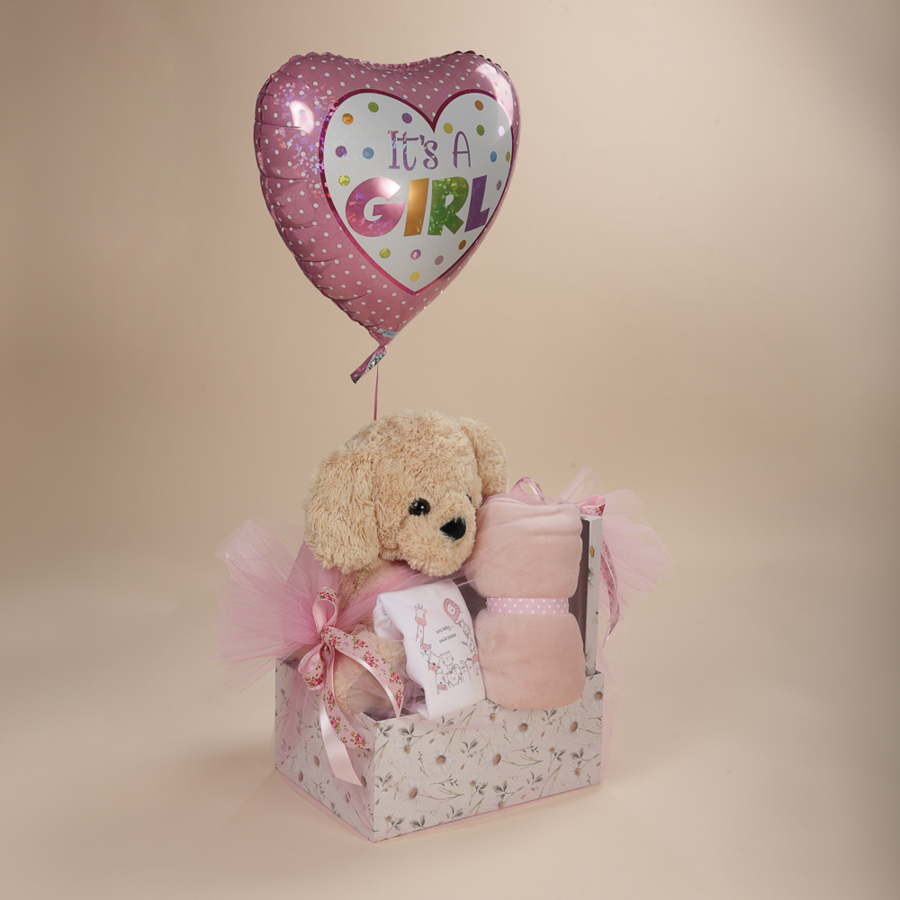 Δώρο για νεογέννητο κορίτσι με λούτρινο σκυλάκι και μπαλόνι It's a Girl Babyline