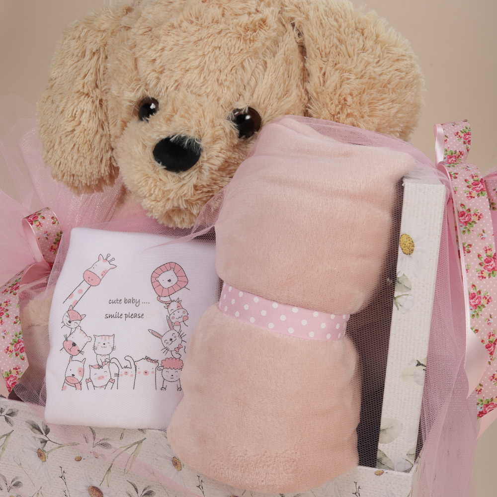 Λεπτομέρεια στα προϊόντα του δώρου για νεογέννητο κορίτσι με λούτρινο σκυλάκι και μπαλόνι "It's a girl" Babyline
