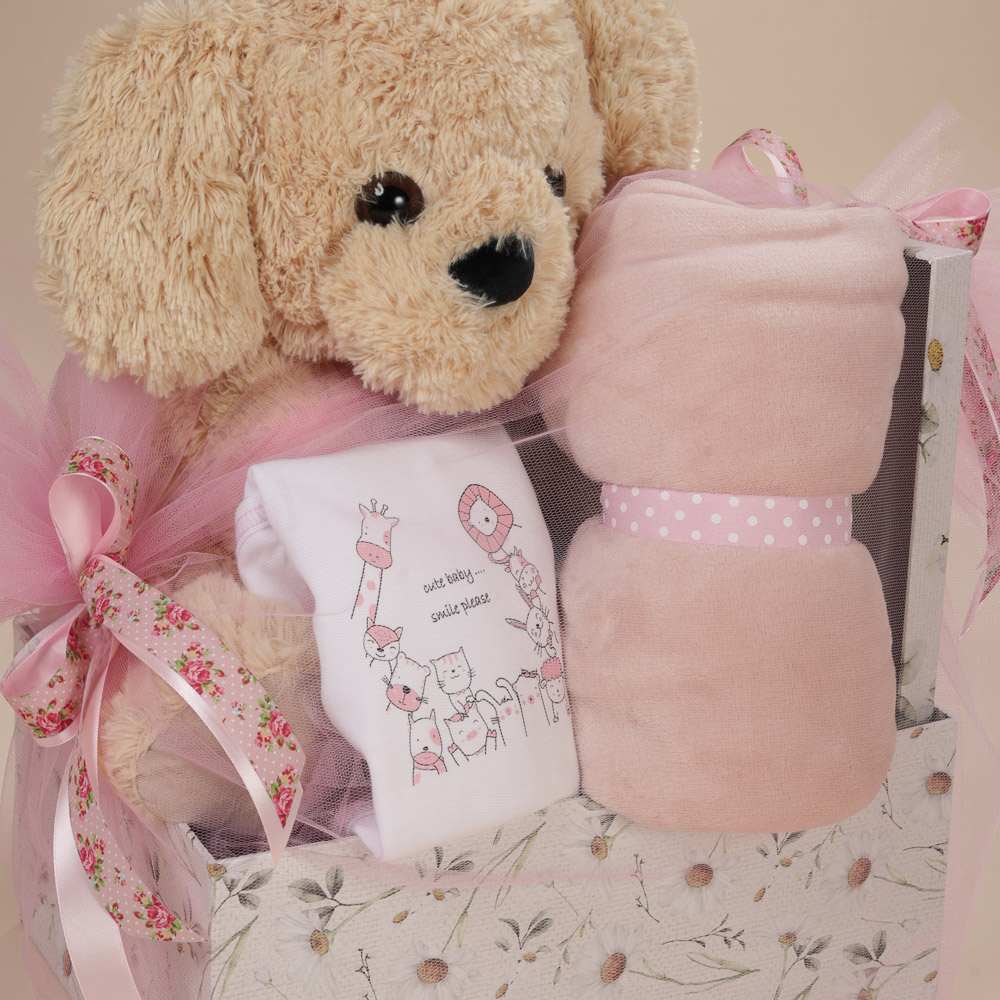 Λεπτομέρεια του δώρου για νεογέννητο κορίτσι με λούτρινο σκυλάκι και μπαλόνι "It's a girl" Babyline