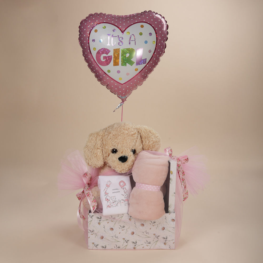 Μπροστινή λήψη του δώρου για νεογέννητο κορίτσι με λούτρινο σκυλάκι και μπαλόνι Babyline
